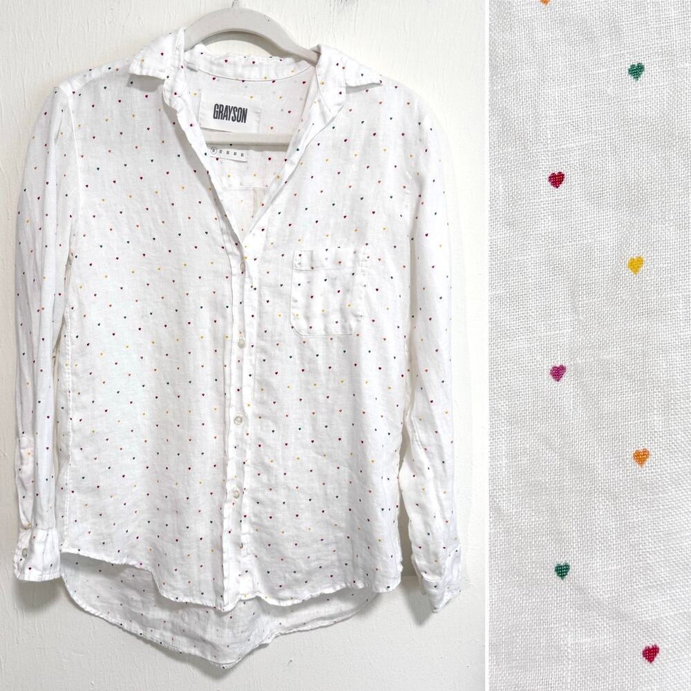 Grayson Womens The Hero Linen Long Sleeve Button Up Shirt Size 1 White Hearts